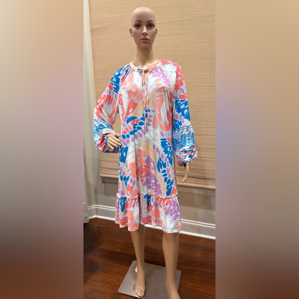 Tolina Collection Larissa Colorful Coral Abstract Floral Print Women's Dress